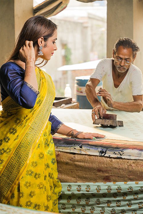 Discharge Handblock Printed Maheshwari Saree - SootiSyahi