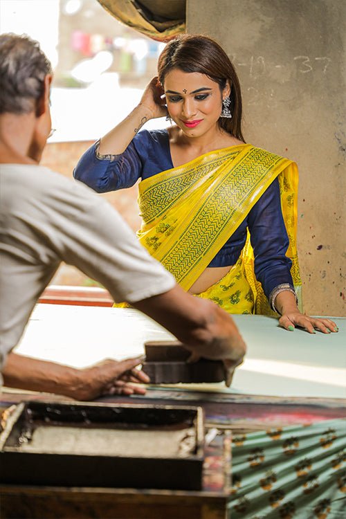 Discharge Handblock Printed Maheshwari Saree - SootiSyahi