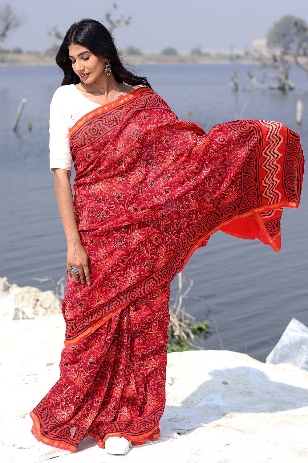 Dusk and Blush Block printed Chanderi Saree - SootiSyahi