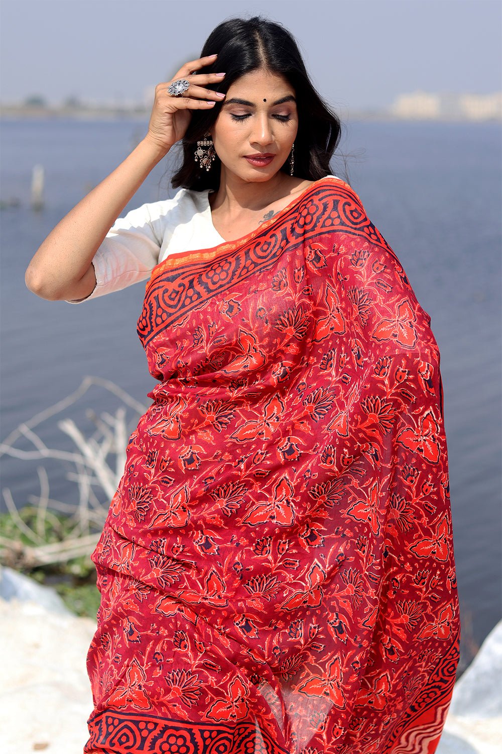 Dusk and Blush Block printed Chanderi Saree - SootiSyahi