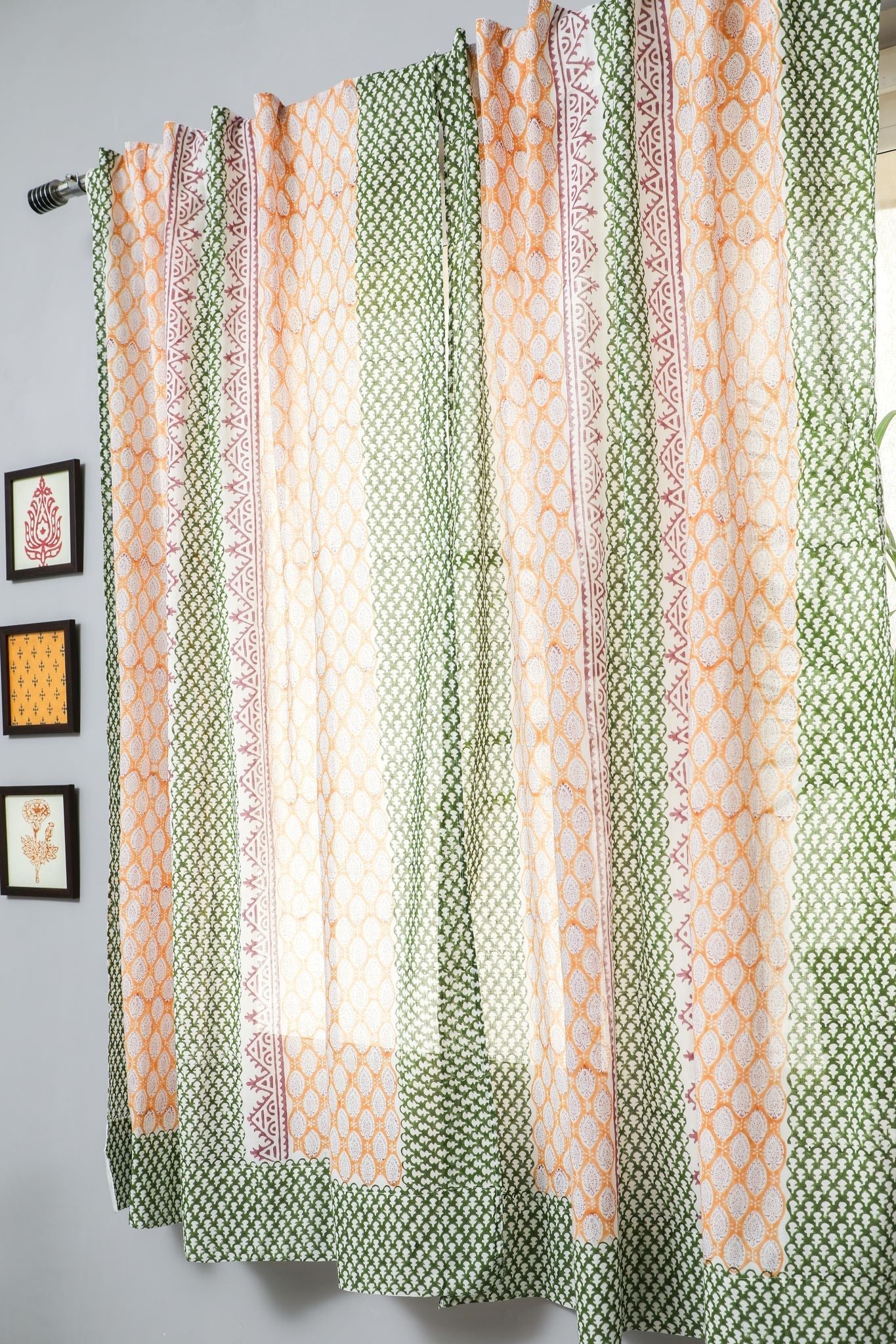 'East Meets West' Handblock Printed Cotton Window Curtain - SootiSyahi