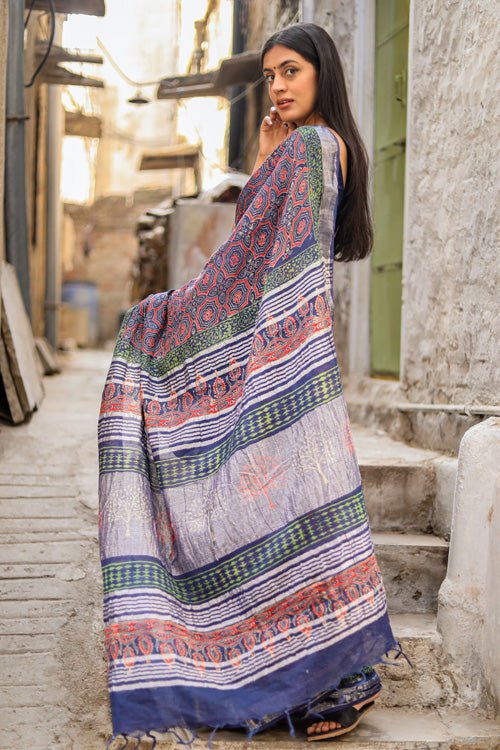"ECHELON" HANDBLOCK PRINT SLUB COTTON SAREE - SootiSyahi