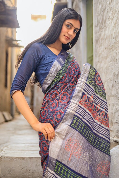 "ECHELON" HANDBLOCK PRINT SLUB COTTON SAREE - SootiSyahi