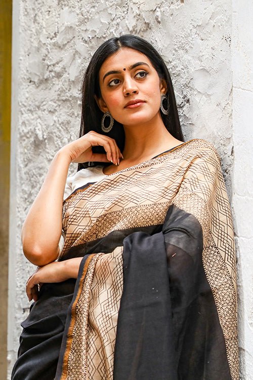 "Effervescence" BAGRU HANDBLOCK PRINT CHANDERI SILK SAREE - SootiSyahi