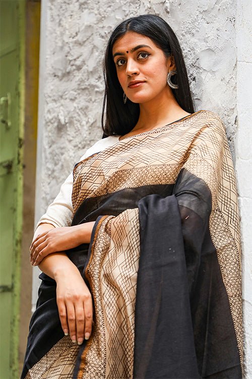 "Effervescence" BAGRU HANDBLOCK PRINT CHANDERI SILK SAREE - SootiSyahi