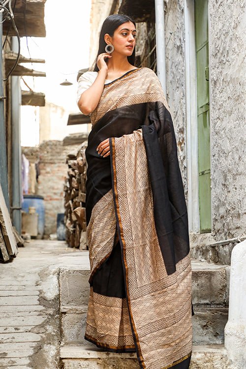 "Effervescence" BAGRU HANDBLOCK PRINT CHANDERI SILK SAREE - SootiSyahi