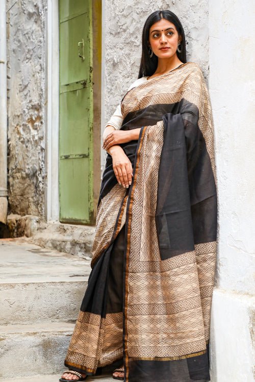 "Effervescence" BAGRU HANDBLOCK PRINT CHANDERI SILK SAREE - SootiSyahi