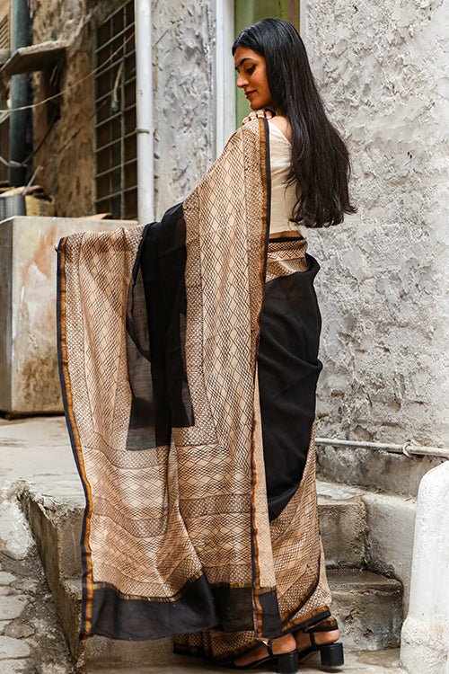"Effervescence" BAGRU HANDBLOCK PRINT CHANDERI SILK SAREE - SootiSyahi