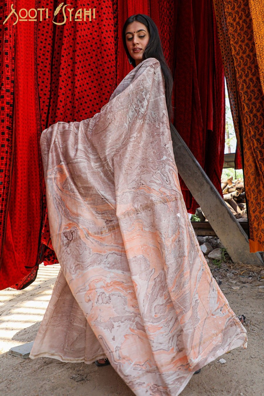 "ELEGENCE" HAND MARBLE PRINT CHANDERI SILK SAREE - SootiSyahi