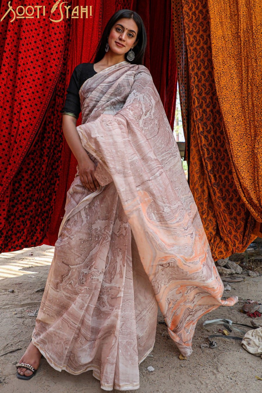 "ELEGENCE" HAND MARBLE PRINT CHANDERI SILK SAREE - SootiSyahi
