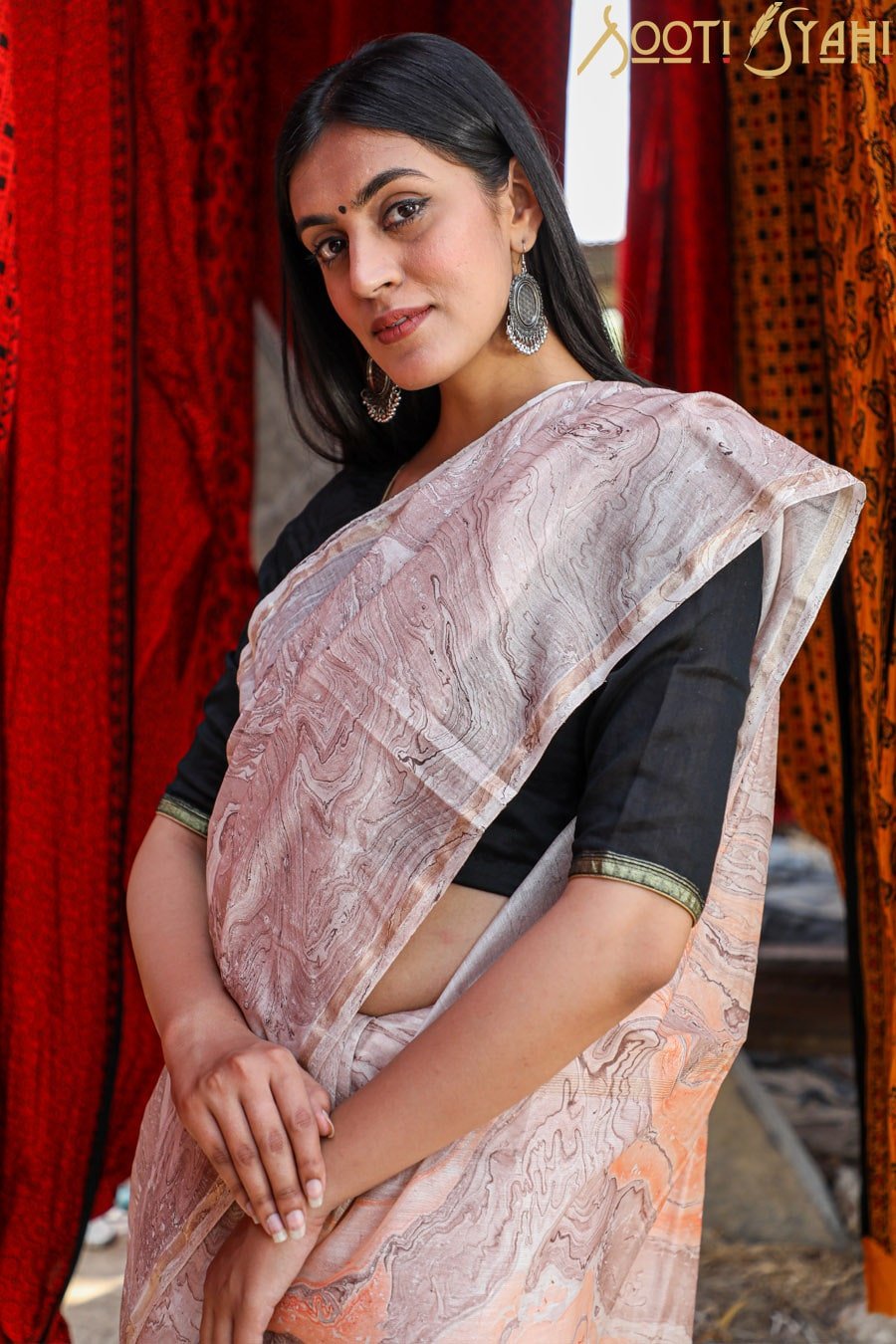 "ELEGENCE" HAND MARBLE PRINT CHANDERI SILK SAREE - SootiSyahi