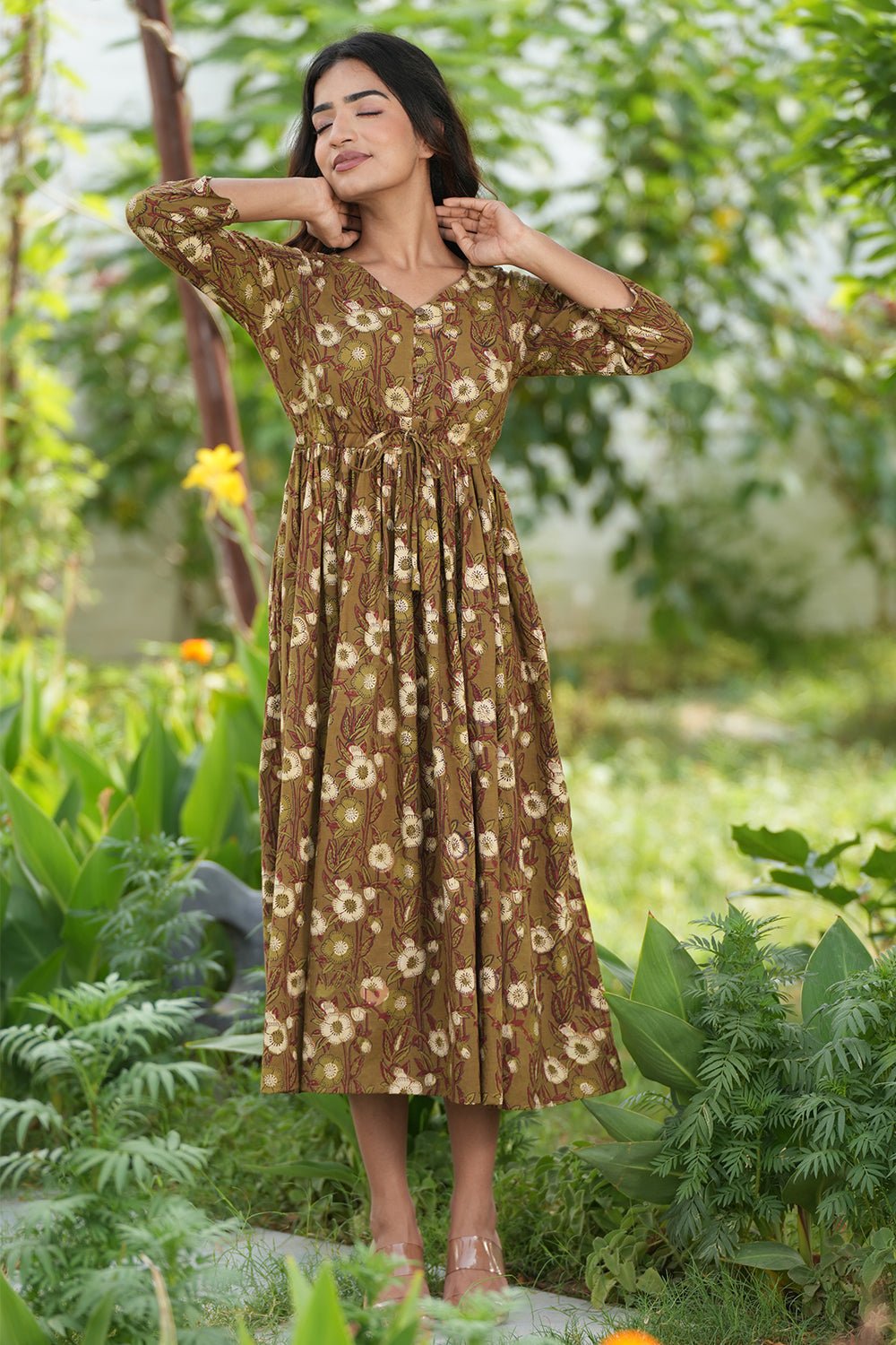 Espresso Garnet Handblock Printed Cotton Dress - SootiSyahi