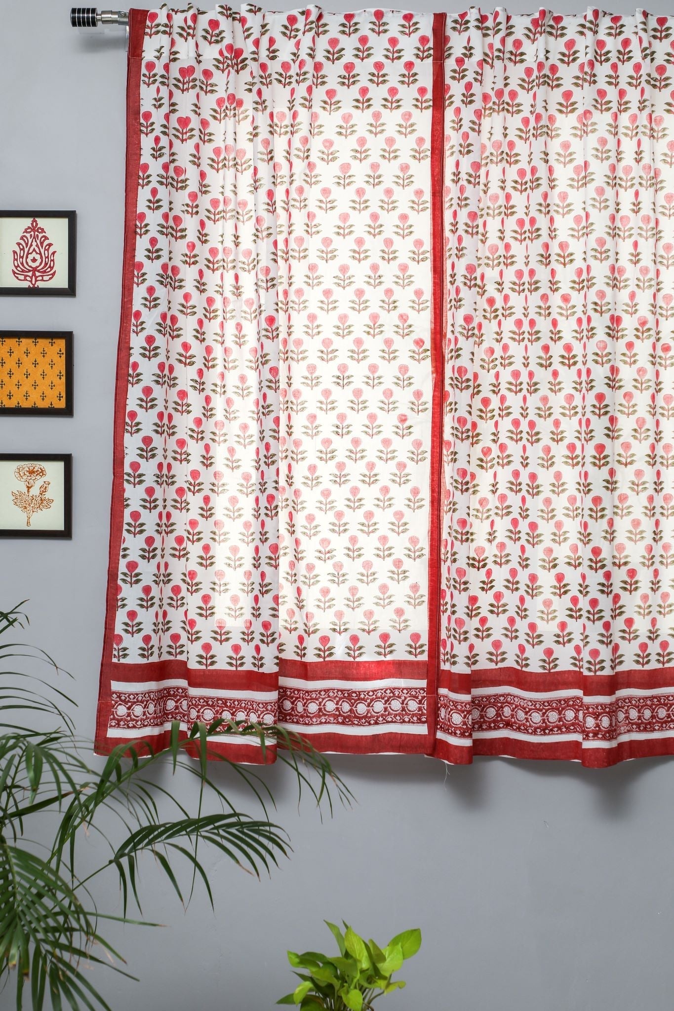 'Evergreen cherry' Handblock Printed Cotton Window Curtain - SootiSyahi