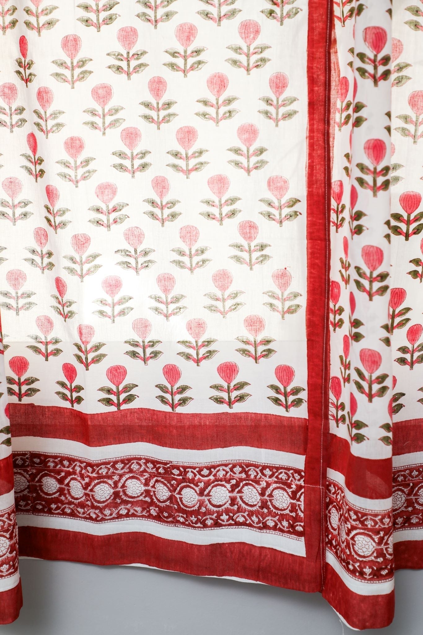'Evergreen cherry' Handblock Printed Cotton Window Curtain - SootiSyahi