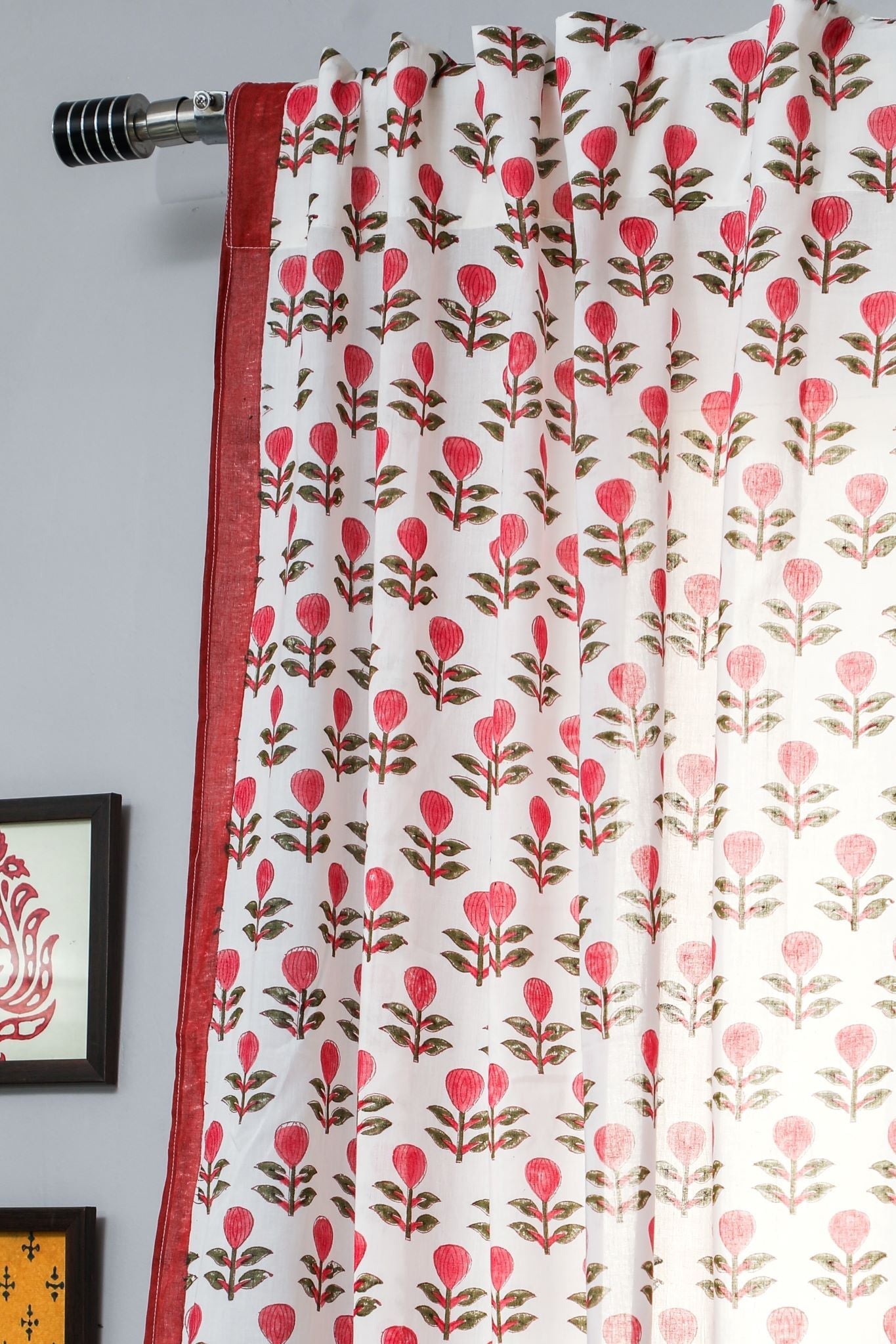 'Evergreen cherry' Handblock Printed Cotton Window Curtain - SootiSyahi