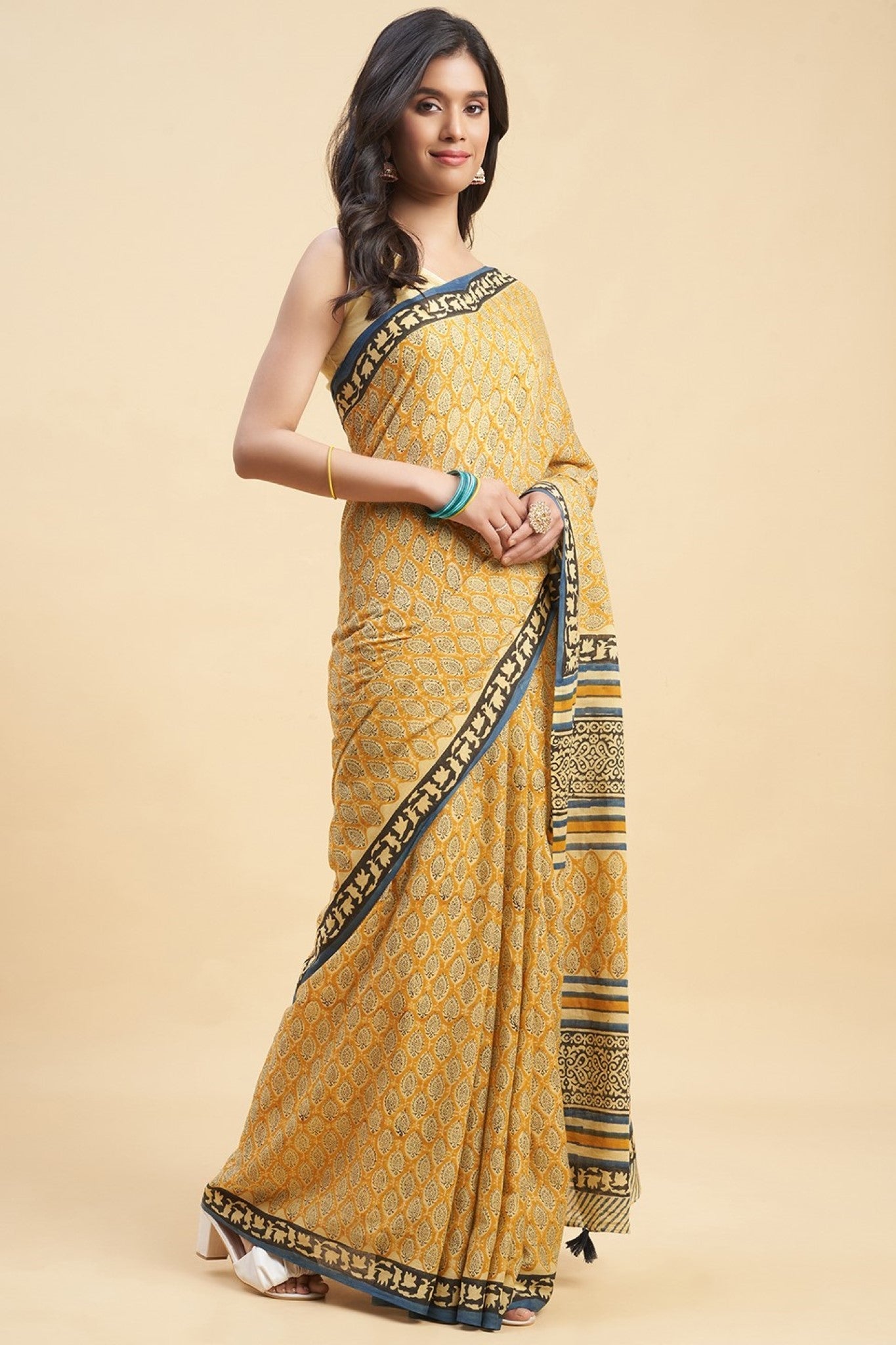"Excelsa " HANDBLOCK PRINT MUL COTTON SAREE - SootiSyahi