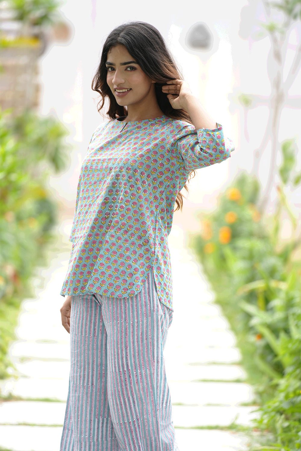 Ferny Blush Block Printed Night suit - SootiSyahi