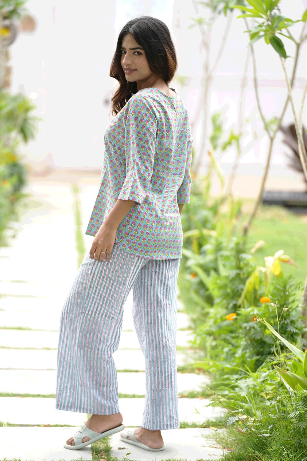 Ferny Blush Block Printed Night suit - SootiSyahi