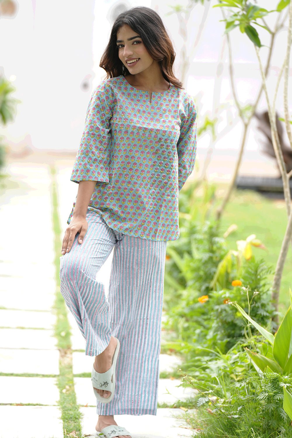 Ferny Blush Block Printed Night suit - SootiSyahi