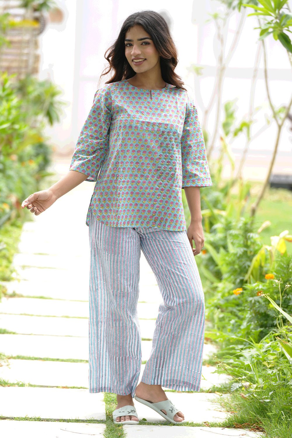 Ferny Blush Block Printed Night suit - SootiSyahi