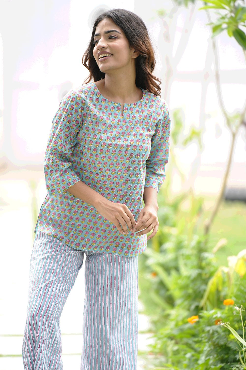Ferny Blush Block Printed Night suit - SootiSyahi