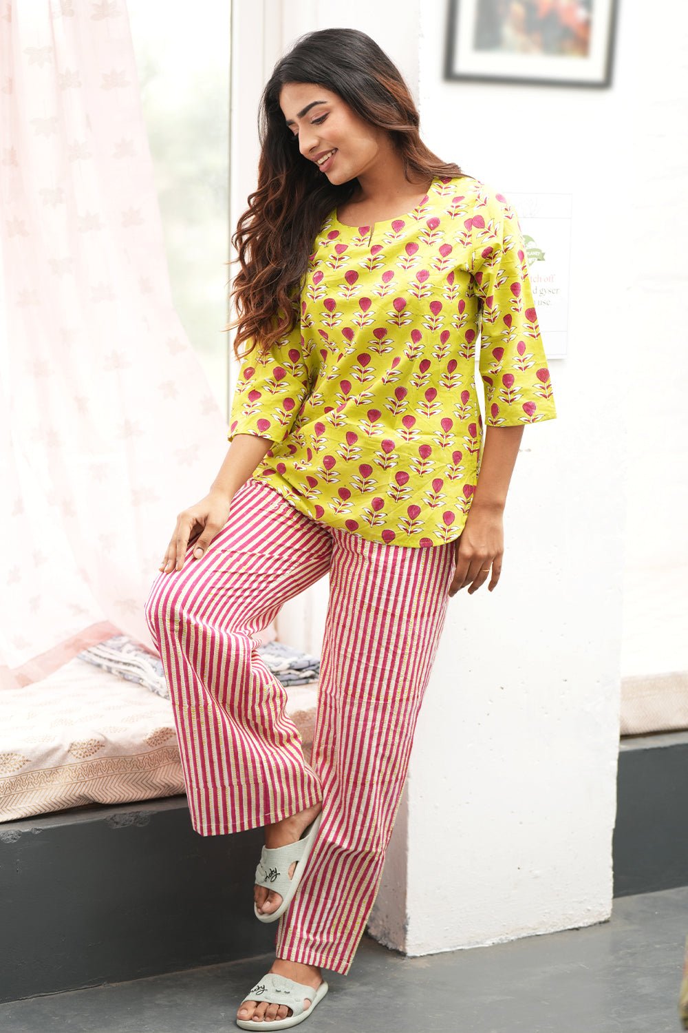 Ferny Scarlet Block Printed Night suit - SootiSyahi