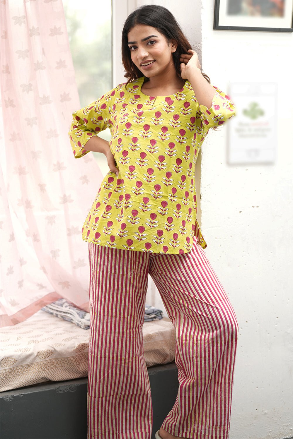 Ferny Scarlet Block Printed Night suit - SootiSyahi