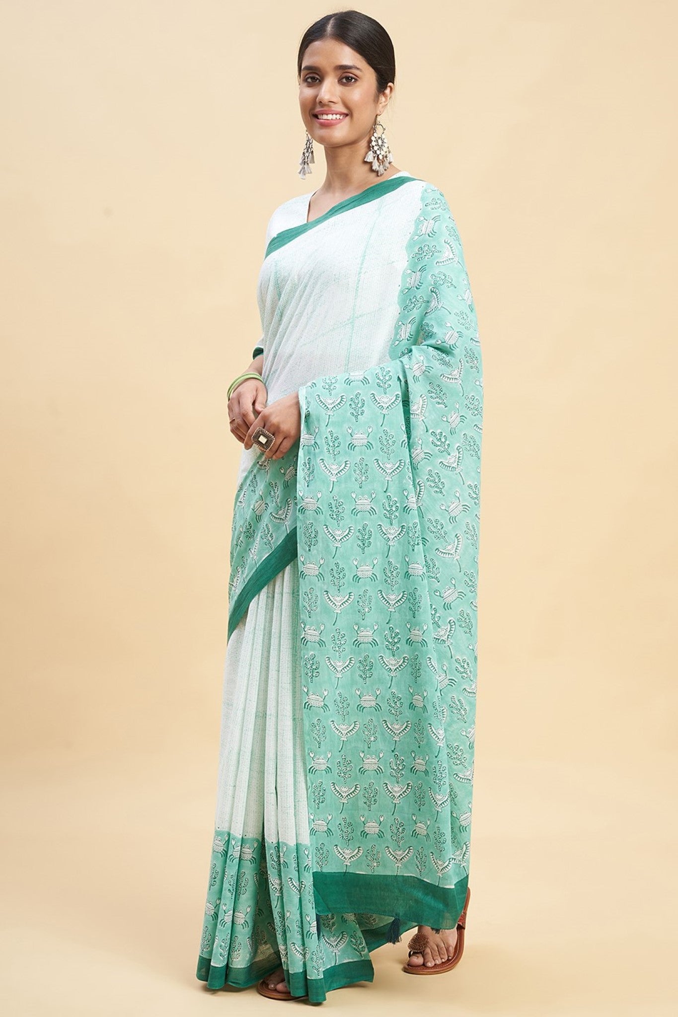 "Fiddler Green Crab'' Block Printed Cotton Saree - SootiSyahi