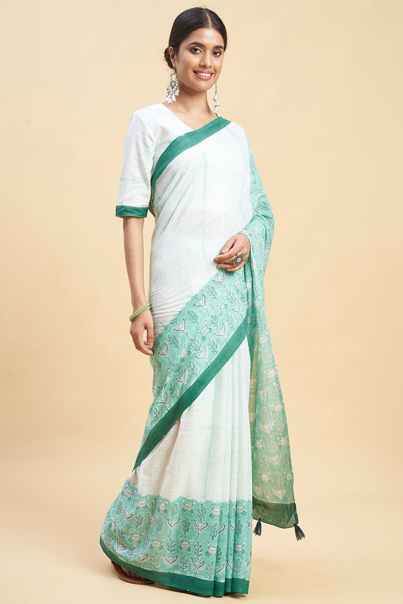 "Fiddler Green Crab'' Block Printed Cotton Saree - SootiSyahi
