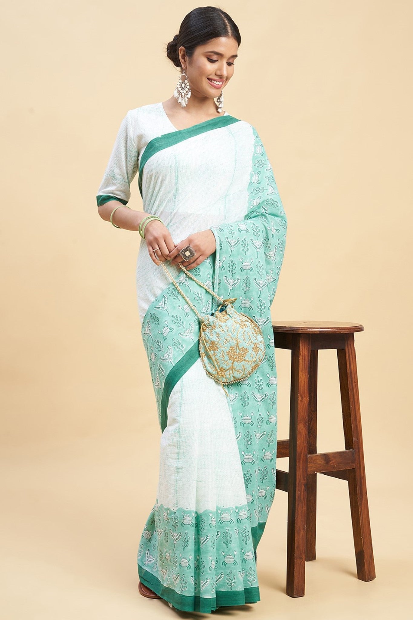 "Fiddler Green Crab'' Block Printed Cotton Saree - SootiSyahi