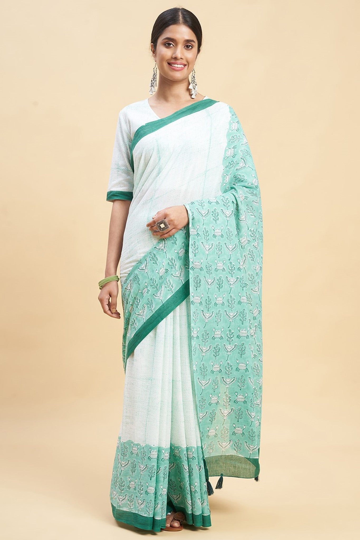 "Fiddler Green Crab'' Block Printed Cotton Saree - SootiSyahi