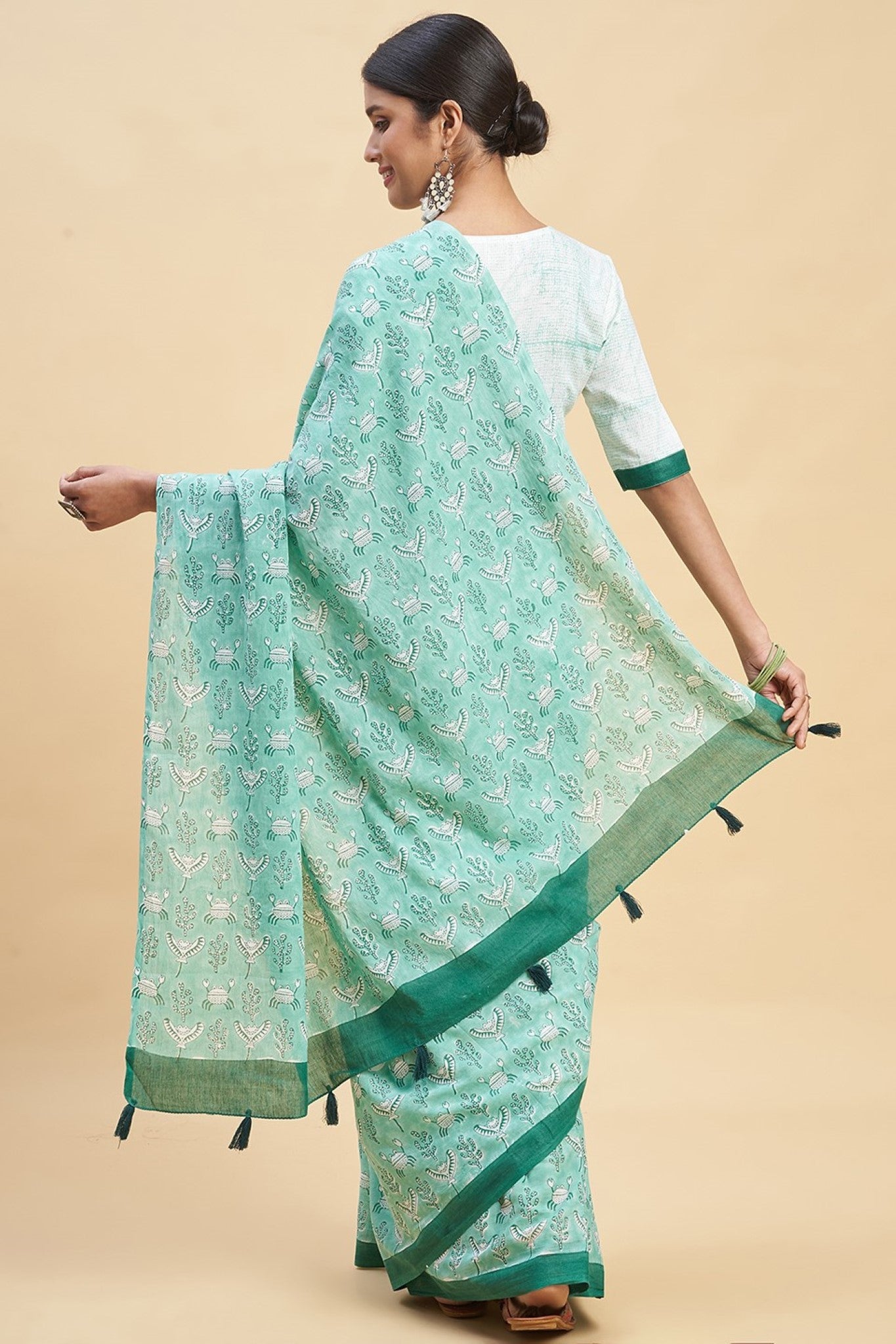 "Fiddler Green Crab'' Block Printed Cotton Saree - SootiSyahi