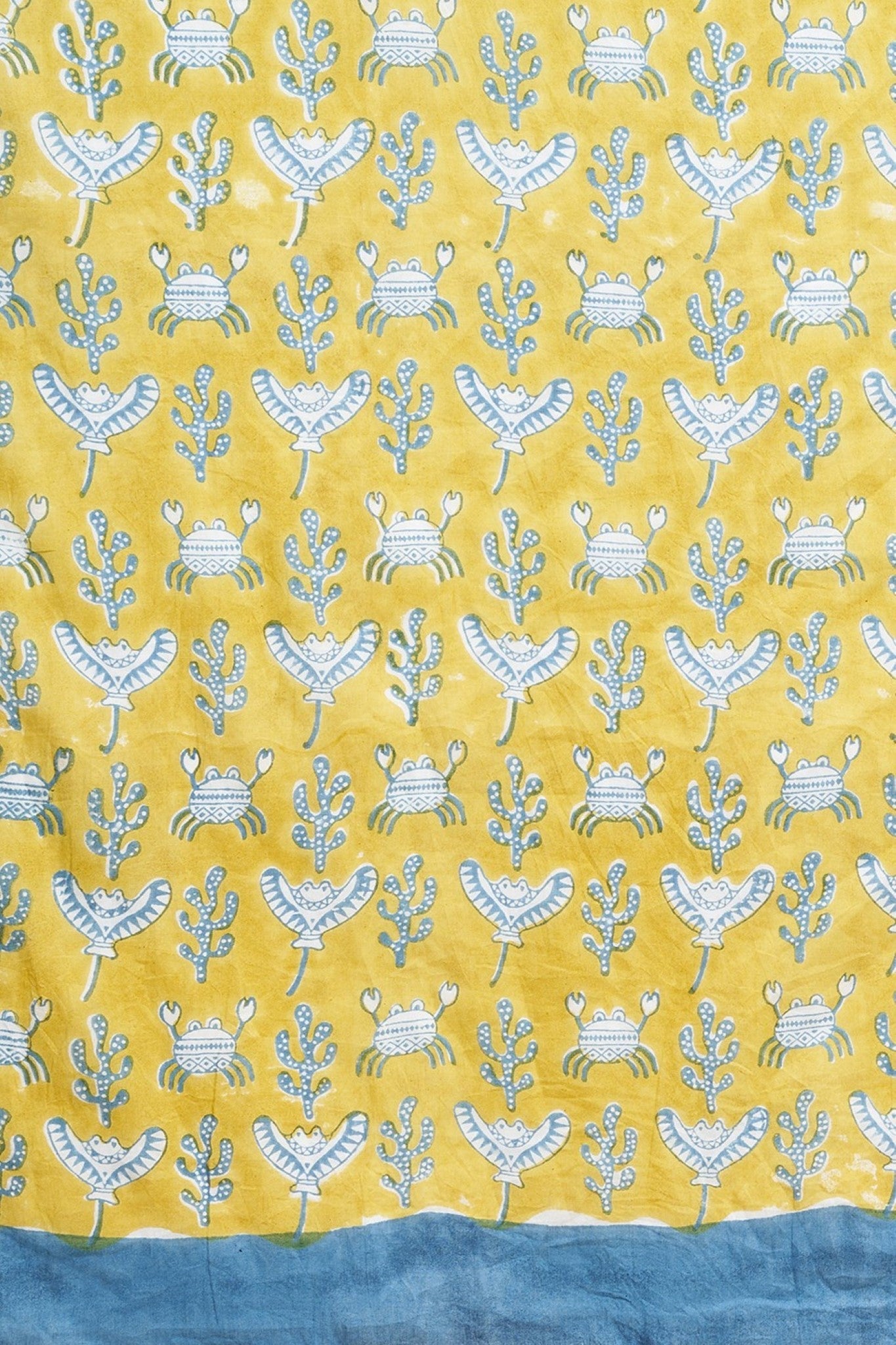 "Fiddler Mustered Crab'' Block Printed Cotton Saree - SootiSyahi