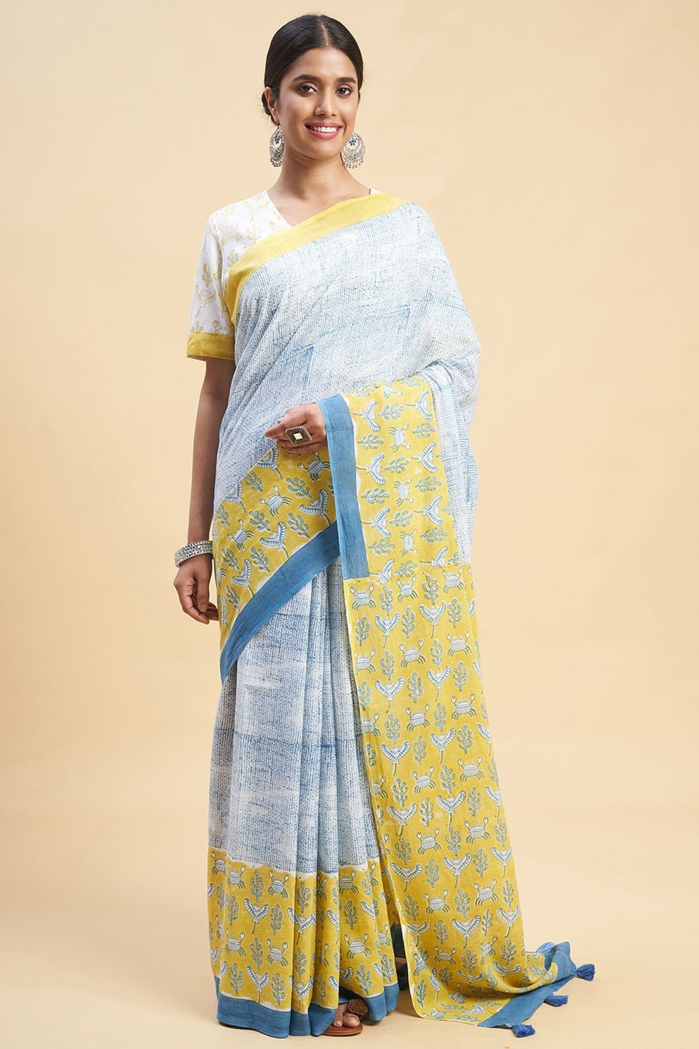 "Fiddler Mustered Crab'' Block Printed Cotton Saree - SootiSyahi