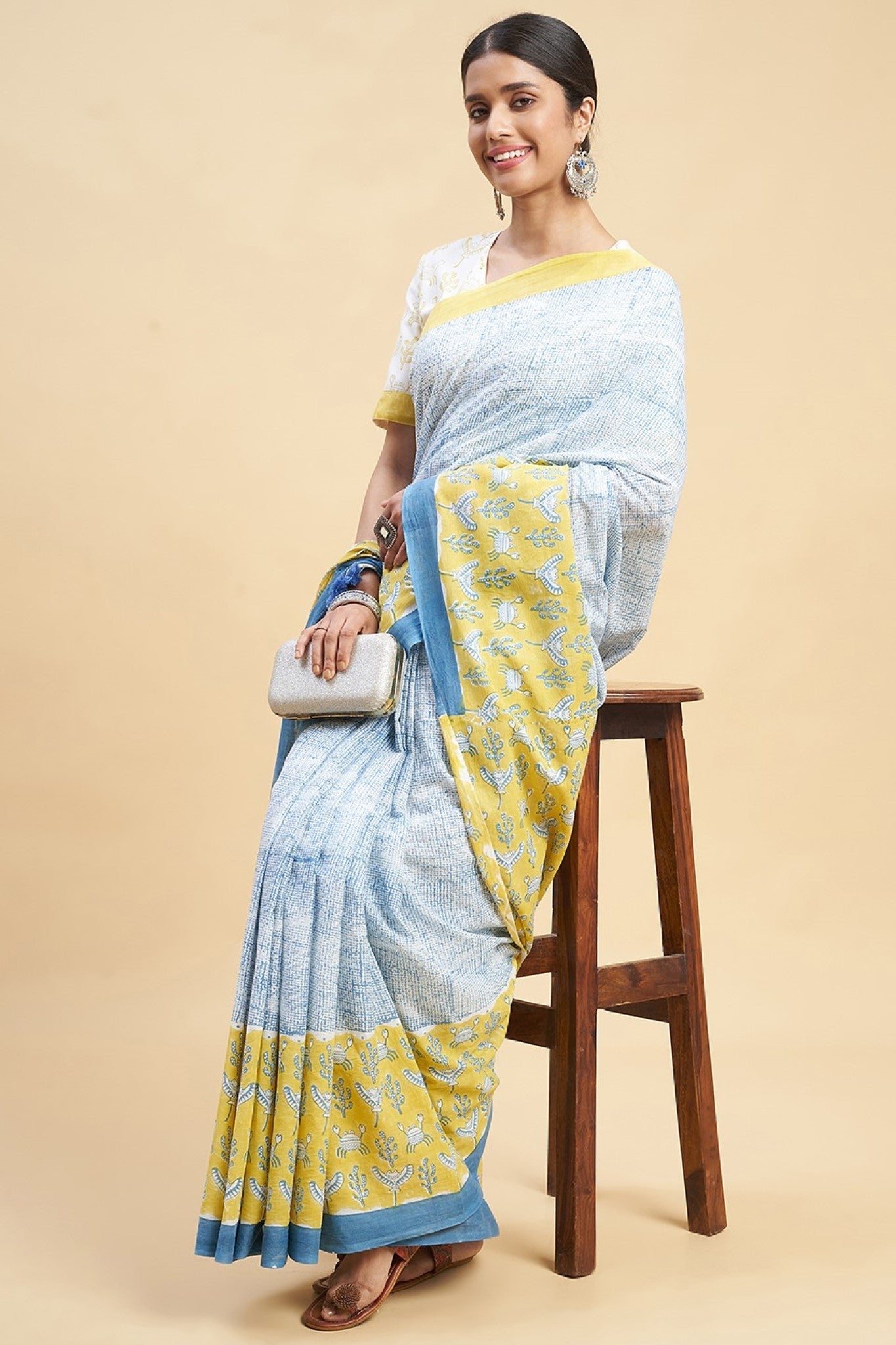 "Fiddler Mustered Crab'' Block Printed Cotton Saree - SootiSyahi