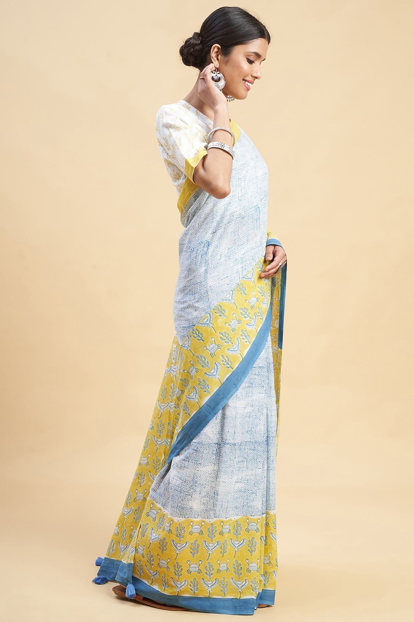 "Fiddler Mustered Crab'' Block Printed Cotton Saree - SootiSyahi
