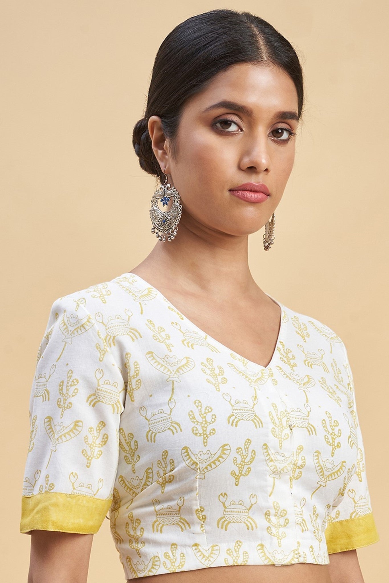 "Fiddler Mustered Crab'' Block Printed Cotton Saree - SootiSyahi