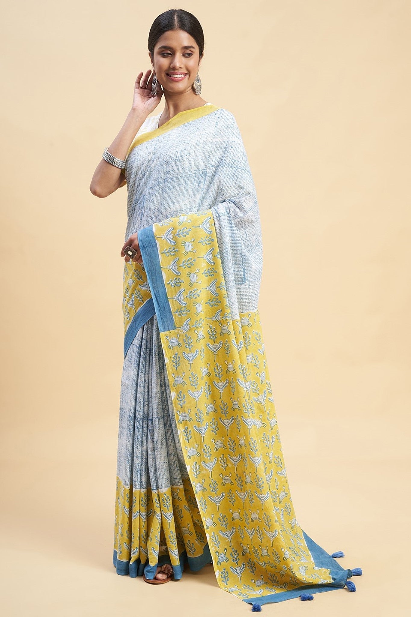 "Fiddler Mustered Crab'' Block Printed Cotton Saree - SootiSyahi