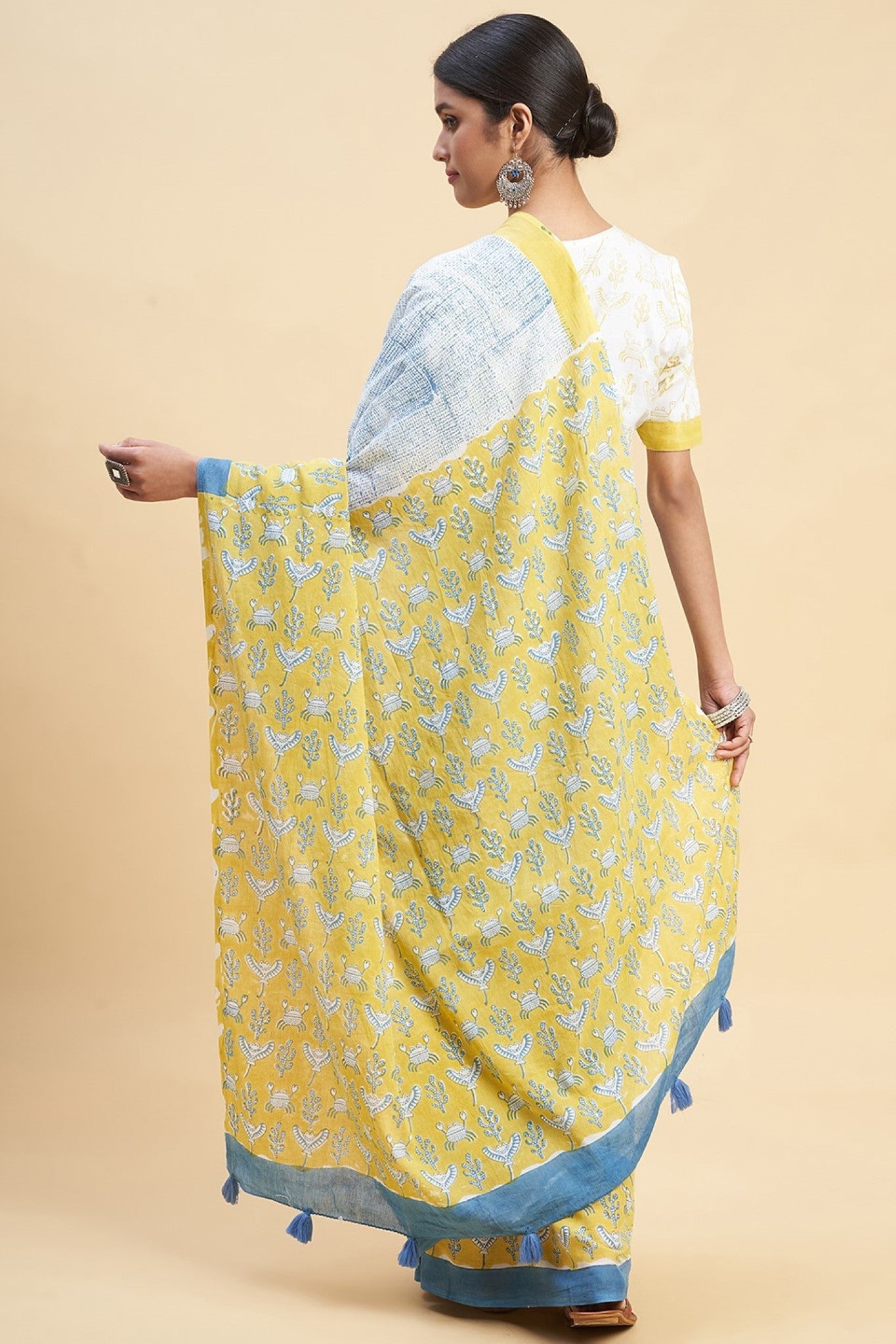 "Fiddler Mustered Crab'' Block Printed Cotton Saree - SootiSyahi