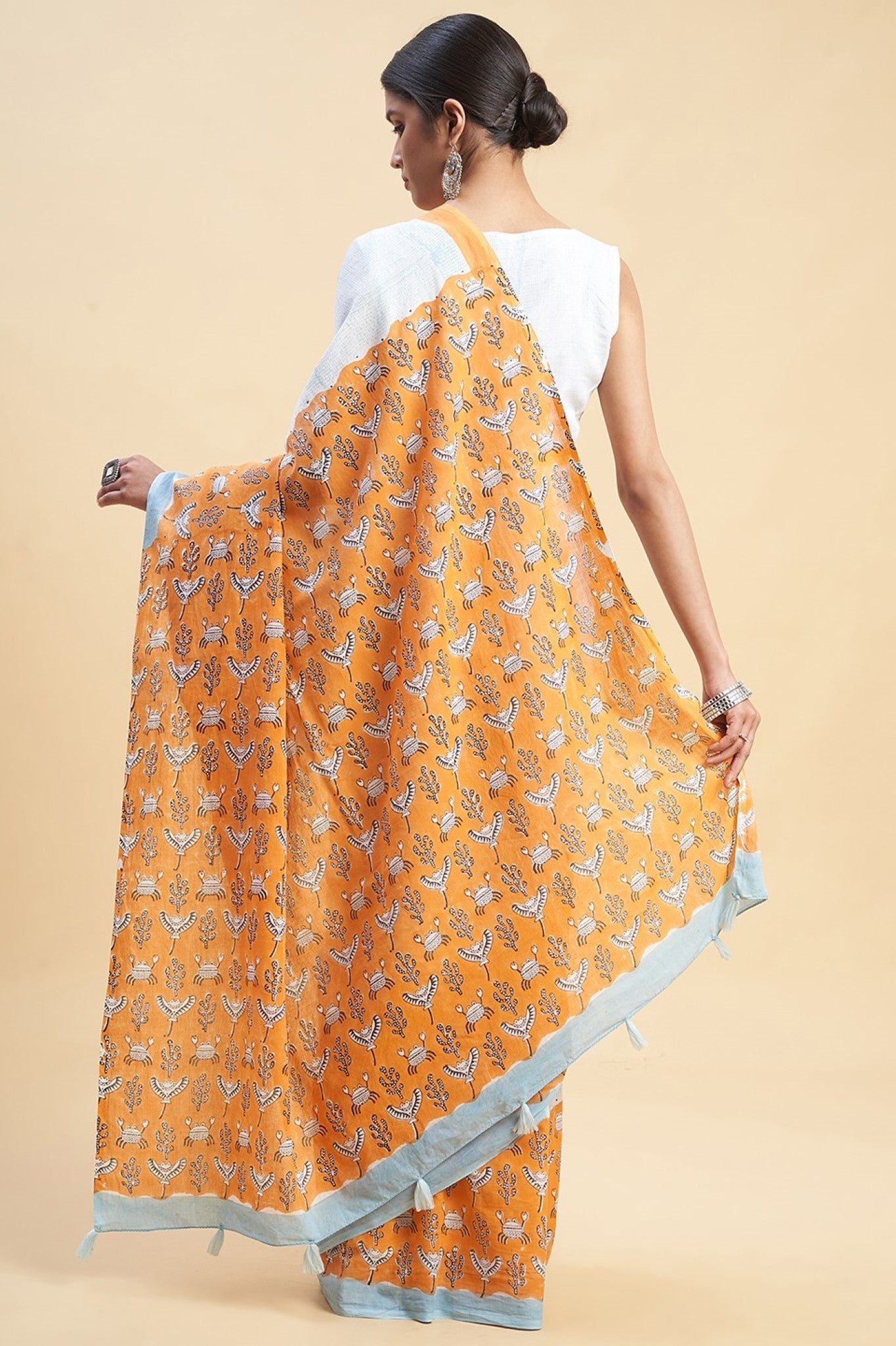 "Fiddler Orange Crab'' Block Printed Cotton Saree - SootiSyahi