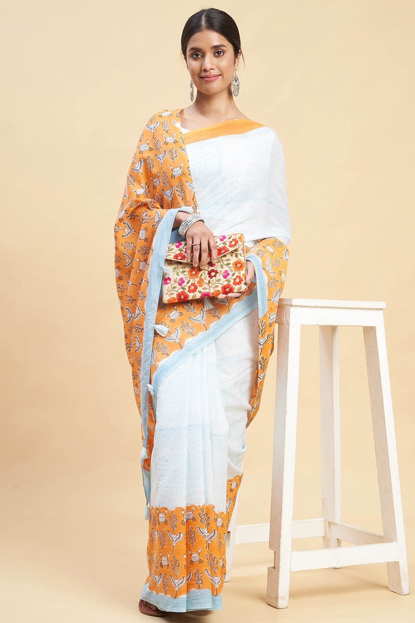 "Fiddler Orange Crab'' Block Printed Cotton Saree - SootiSyahi