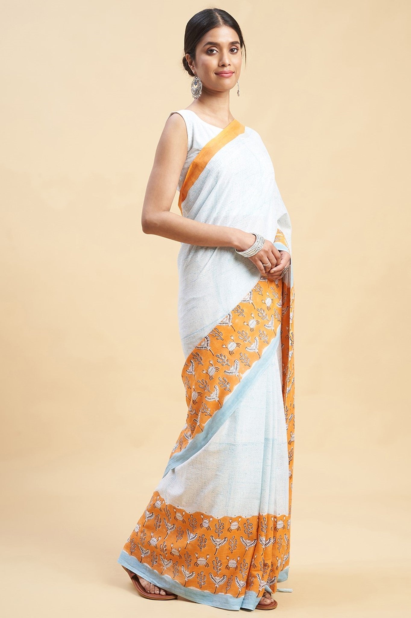 "Fiddler Orange Crab'' Block Printed Cotton Saree - SootiSyahi