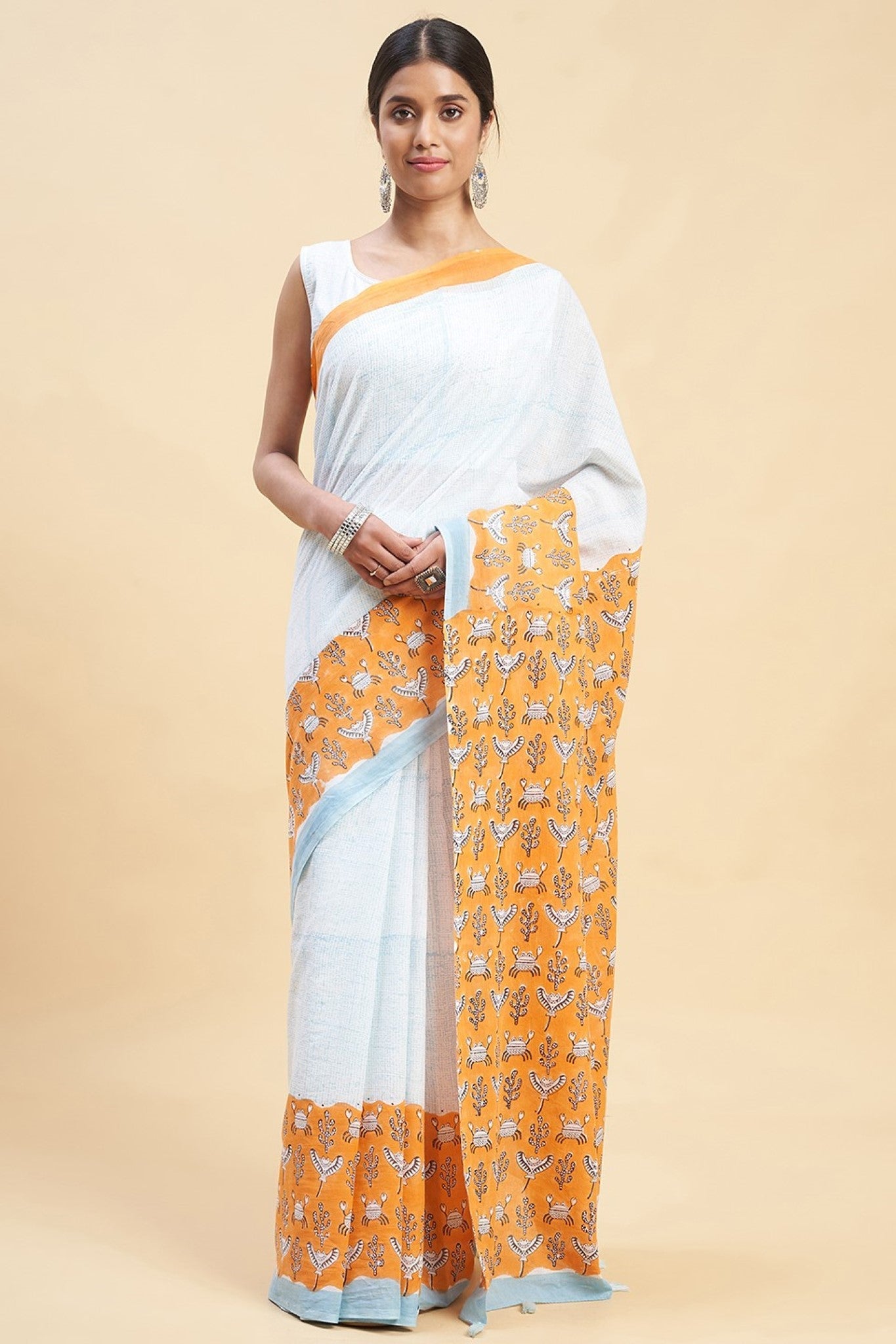 "Fiddler Orange Crab'' Block Printed Cotton Saree - SootiSyahi