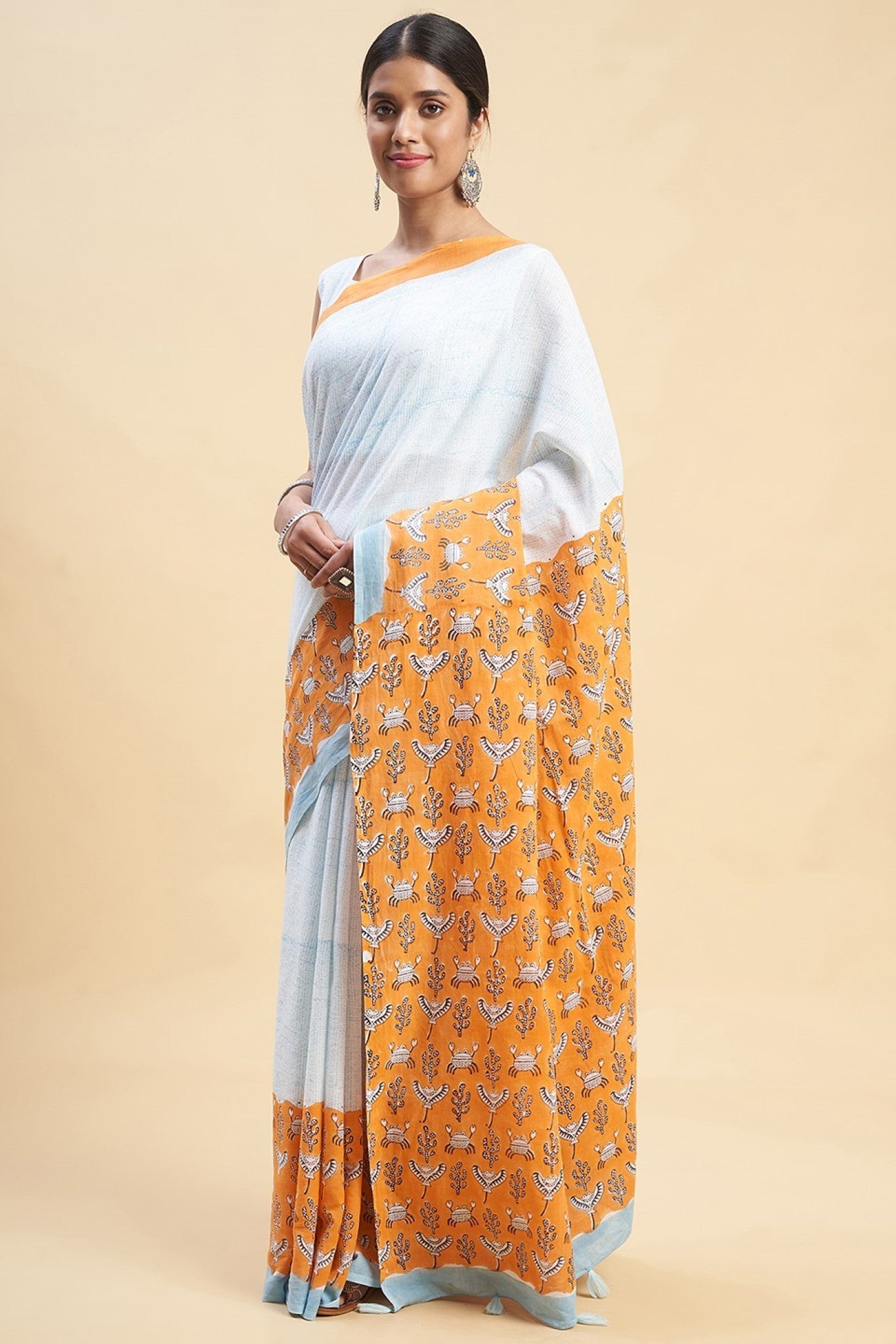 "Fiddler Orange Crab'' Block Printed Cotton Saree - SootiSyahi