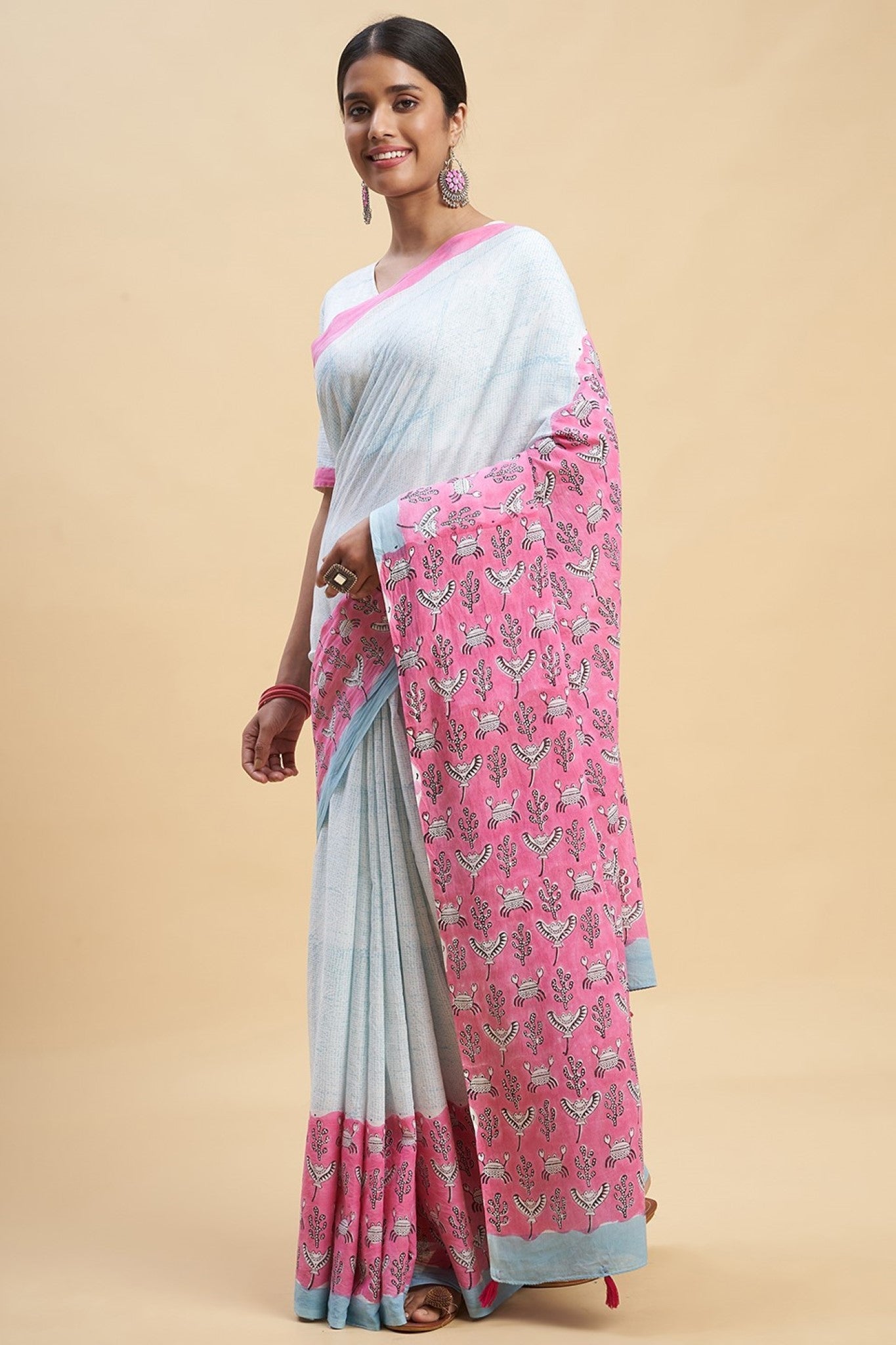 "Fiddler Pink Crab" Block Printed Cotton Saree - SootiSyahi