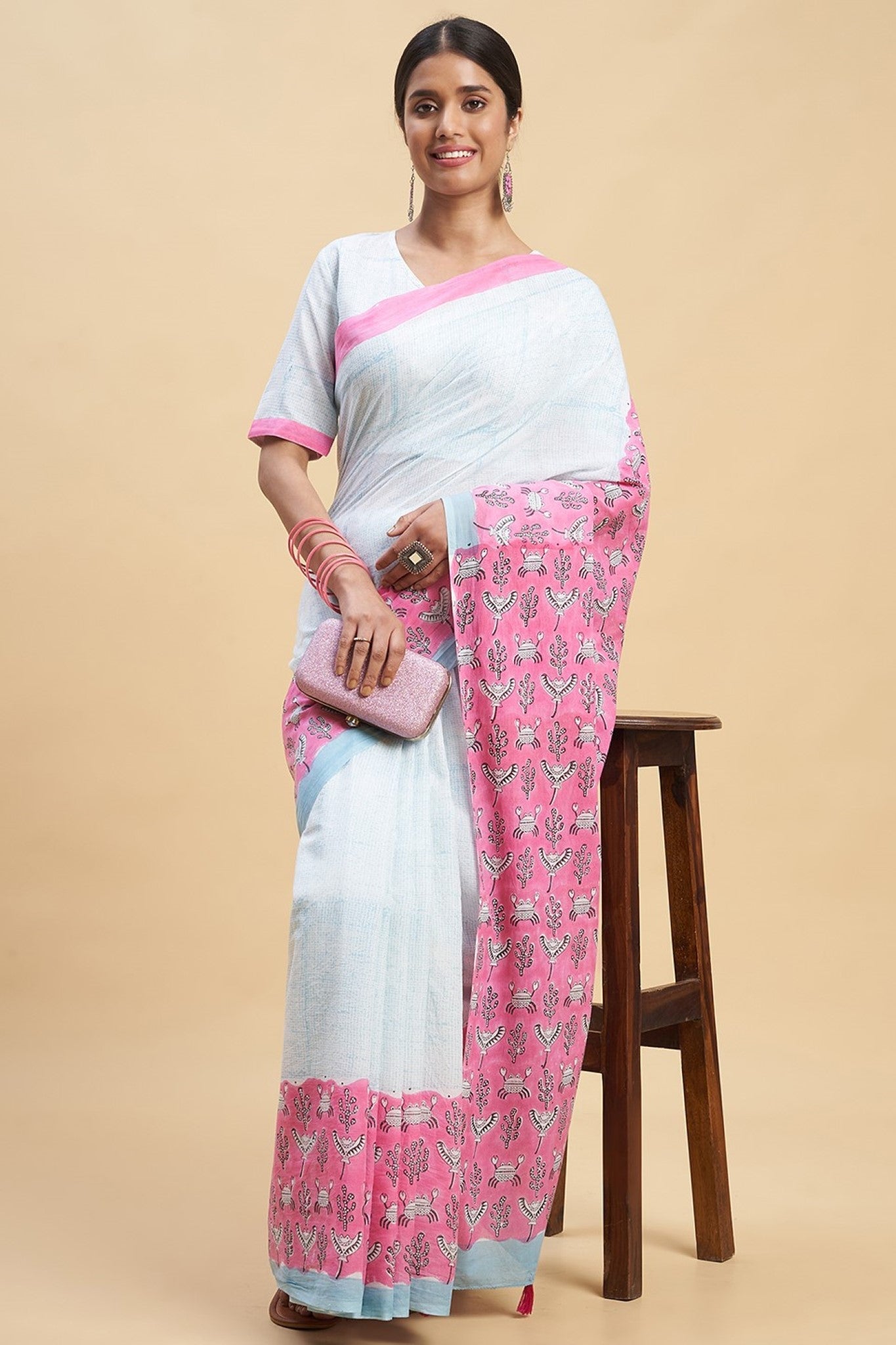 "Fiddler Pink Crab" Block Printed Cotton Saree - SootiSyahi
