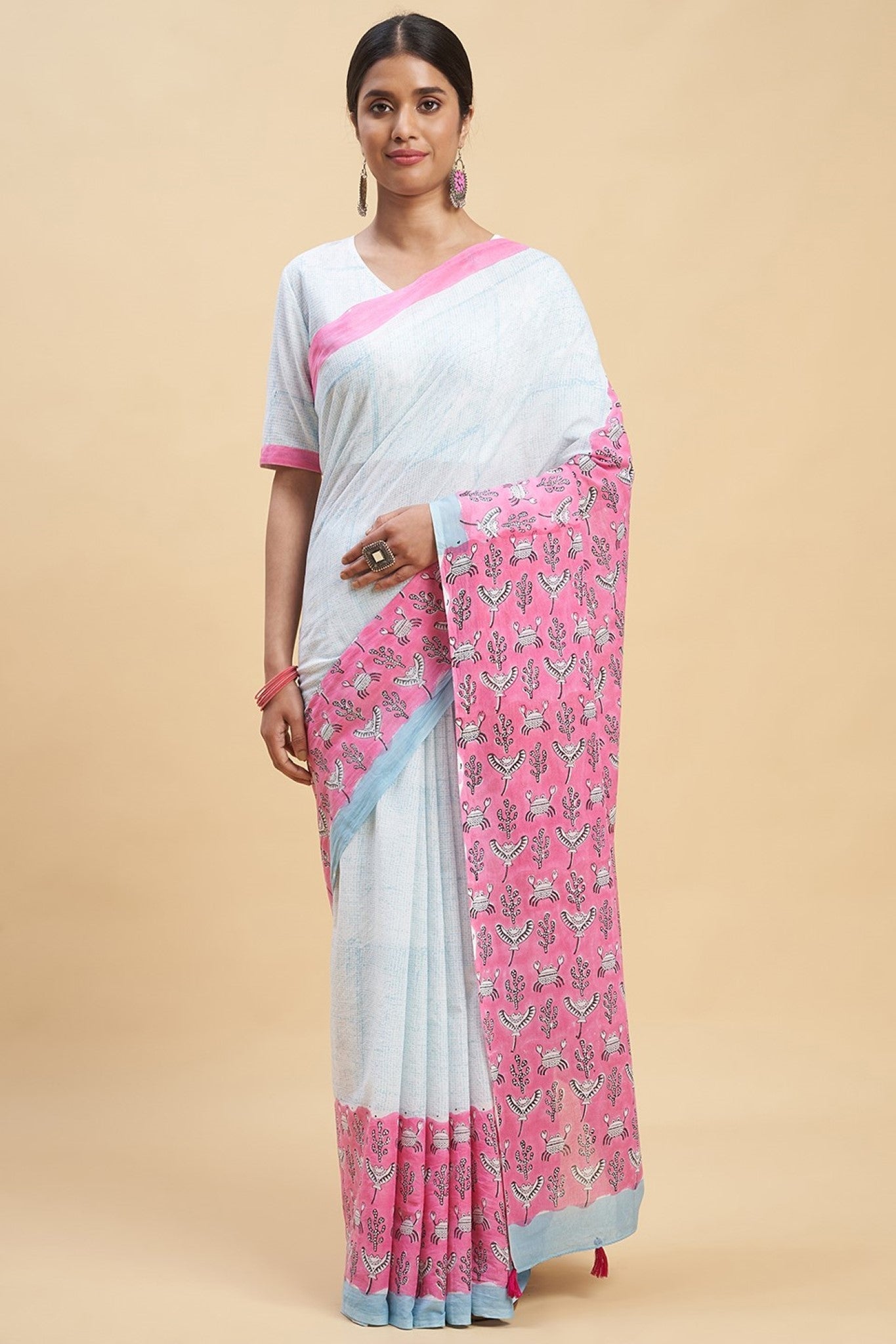 "Fiddler Pink Crab" Block Printed Cotton Saree - SootiSyahi