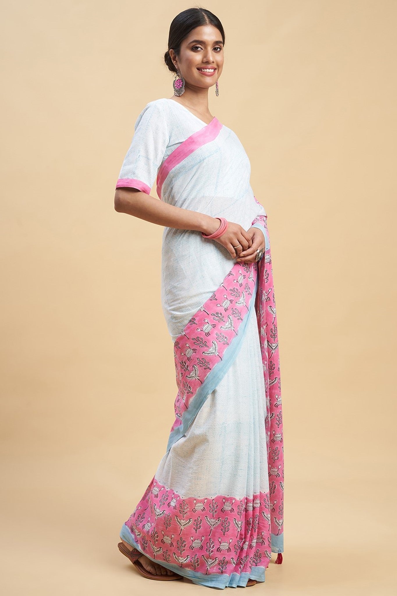 "Fiddler Pink Crab" Block Printed Cotton Saree - SootiSyahi