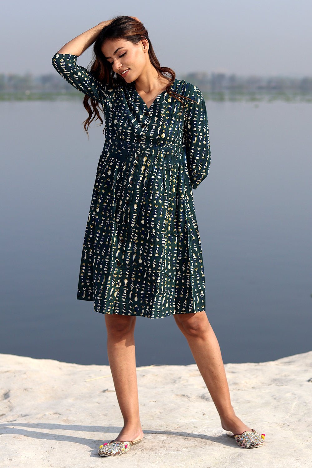 Fisherman's Dream Handblock Printed Cotton Dress - SootiSyahi