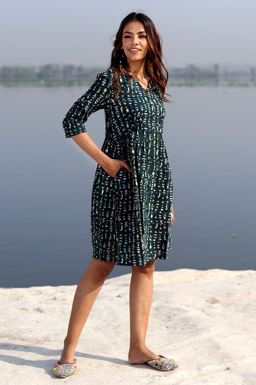 Fisherman's Dream Handblock Printed Cotton Dress - SootiSyahi